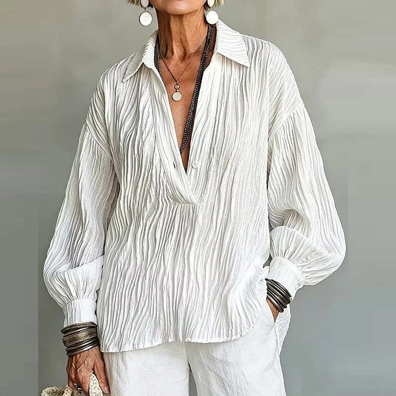 Elegant Turn Down Collar Wrinkles Textures Design Long Sleeve Button Blouses Women Loose Shirts Loose Office Lady Shirt