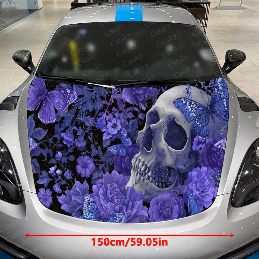 Car Decal Artistic Fusion of Skull and Blue Floral Elements in Dark Gothic Style Car Hood Sticker, Waterproof Self - Adhesive PV