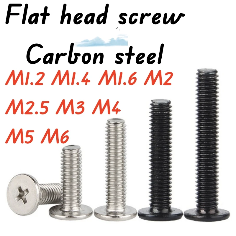 10-500pcs M1.2 M1.4 M1.6 M2 M2.5 M3 M4 M5 M6 Carbon Steel Nickel Plated/Black Zinc Large Flat Head Cross Mechanical Screw