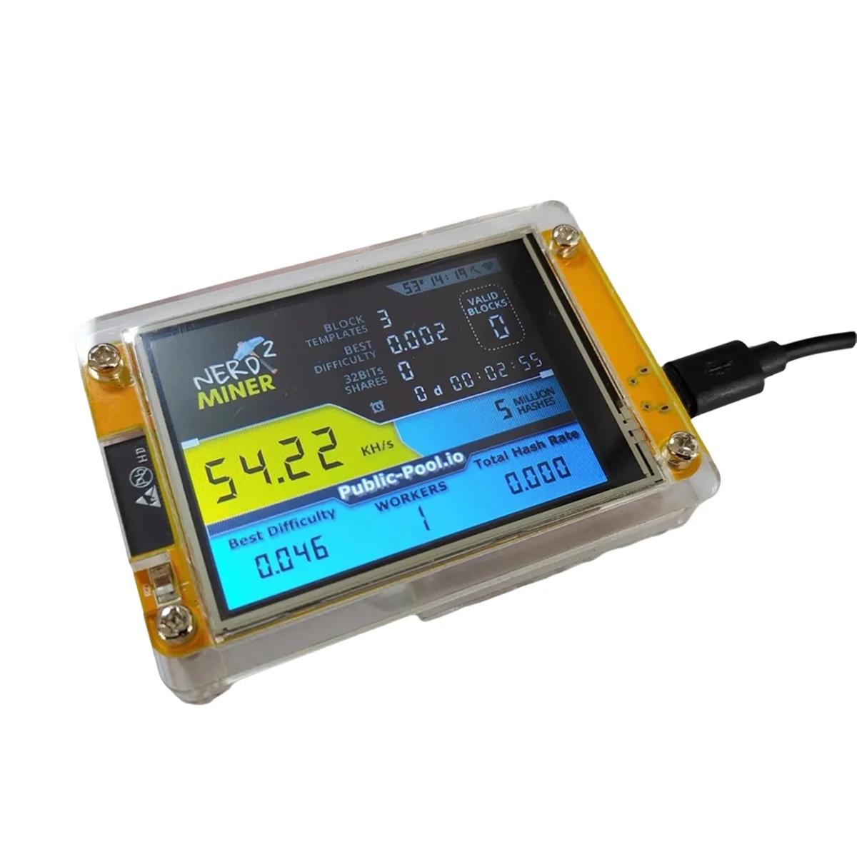 A56XQ NerdMiner 2 Penambang 55-60KH/S Layar 2.8 Inci BTC Penambang Lotere Tunggal Bitcoin BTC Penambang Solo Nerd Penambang dengan Casing