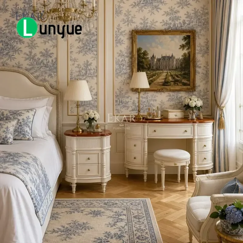 French Classic Curved Bedside Table Cherry Wood Top Ivory Slub Fabric Demi-Lune Nightstand for Bedroom Elegant Storage