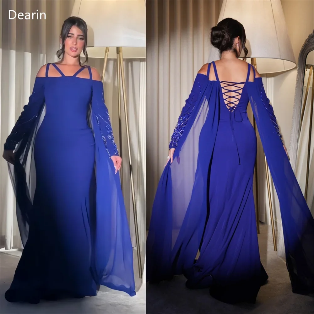 

Customized Saudi Arabia Dearin Spaghetti Strap Mermaid Floor Length Open Back Skirts Tulle Draped Beading Bespoke Occasion Dress