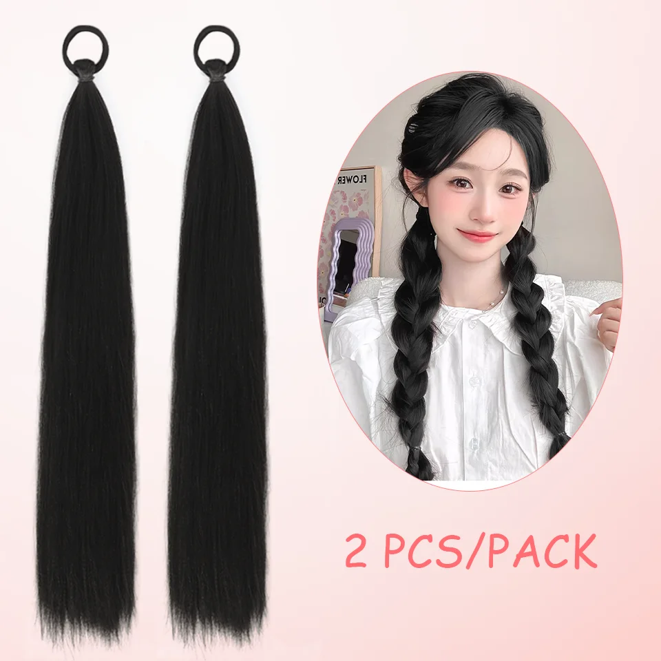 LUPU 2 Pack Synthetic Black Ponytail Extension with Elastic Tie, Braid Ponytail Extension Braid Hair Extensions for Girls Women image 4