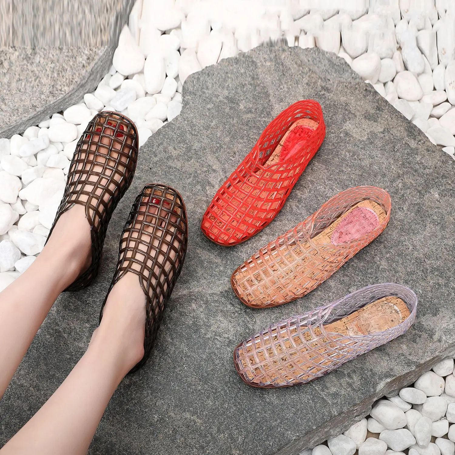

Simple Pure Color Hollow Pvc Breathable Women's Flat Sandals Shoes for Summer and Autumn Casual Beachwear