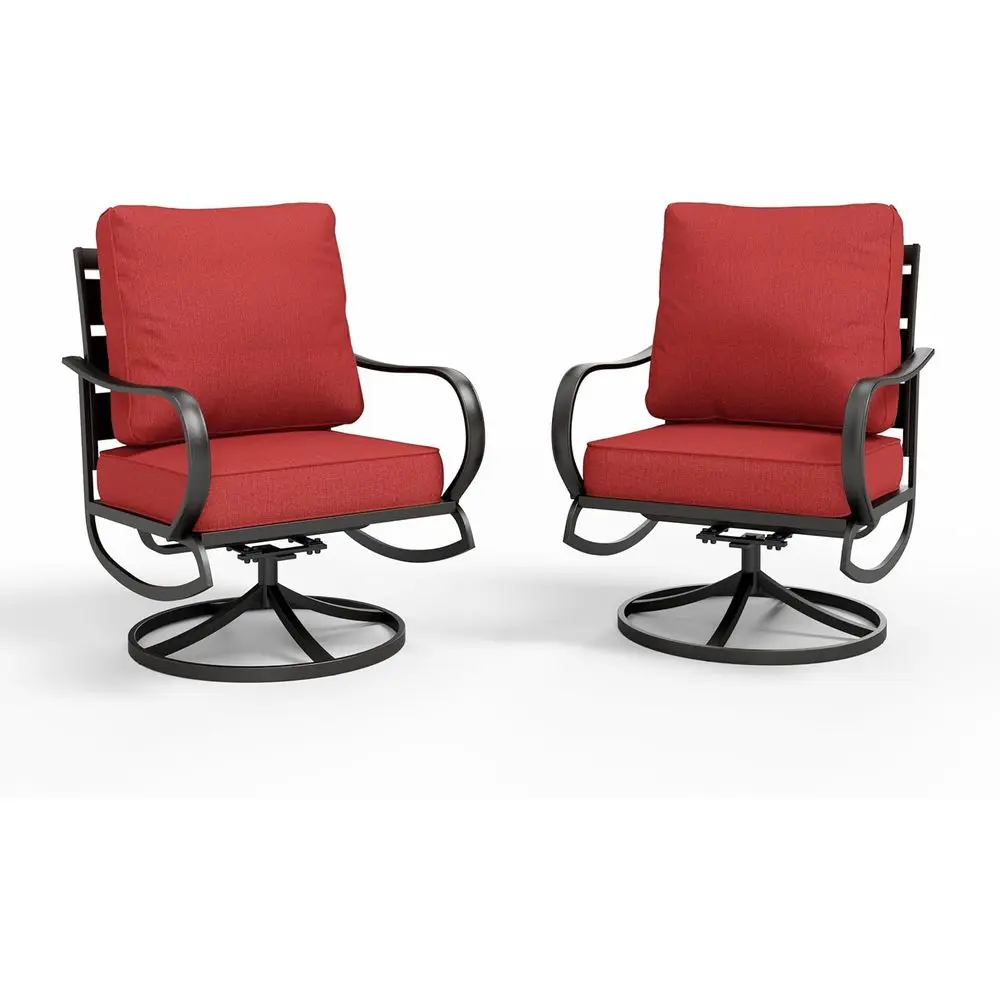 

Metal Patio Furniture Set: 2 Swivel Armchairs with Cushions and Removable Covers for Outdoor, Garden, or Poolside in Red