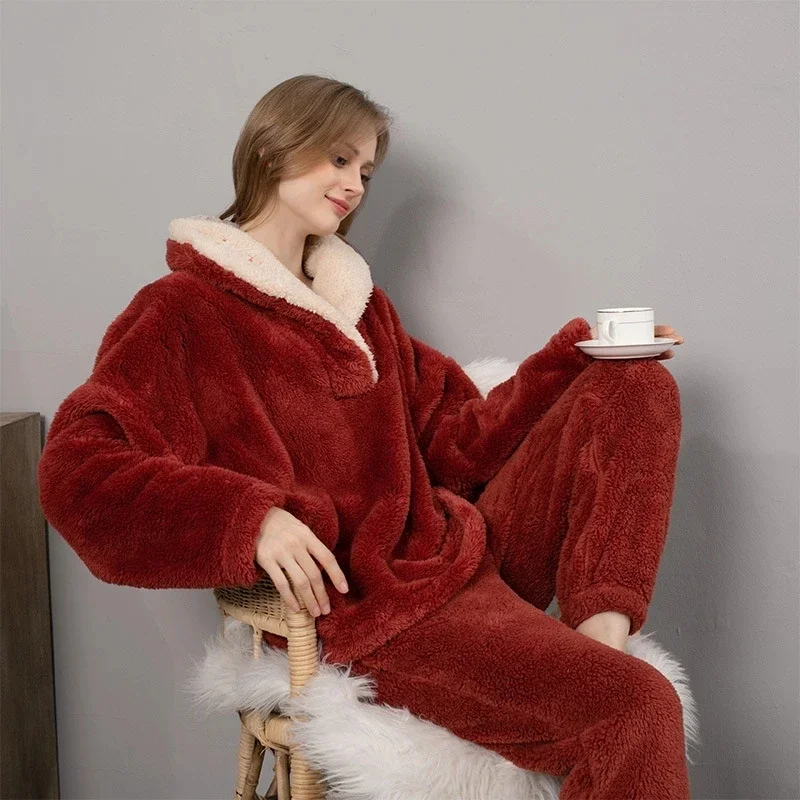 Women's Fleece Winter Thick Pajamas Set 2 Pcs With Pant Ladies Sleepwear Turn Down Collar Flannel Warm Pijama Suit For Female