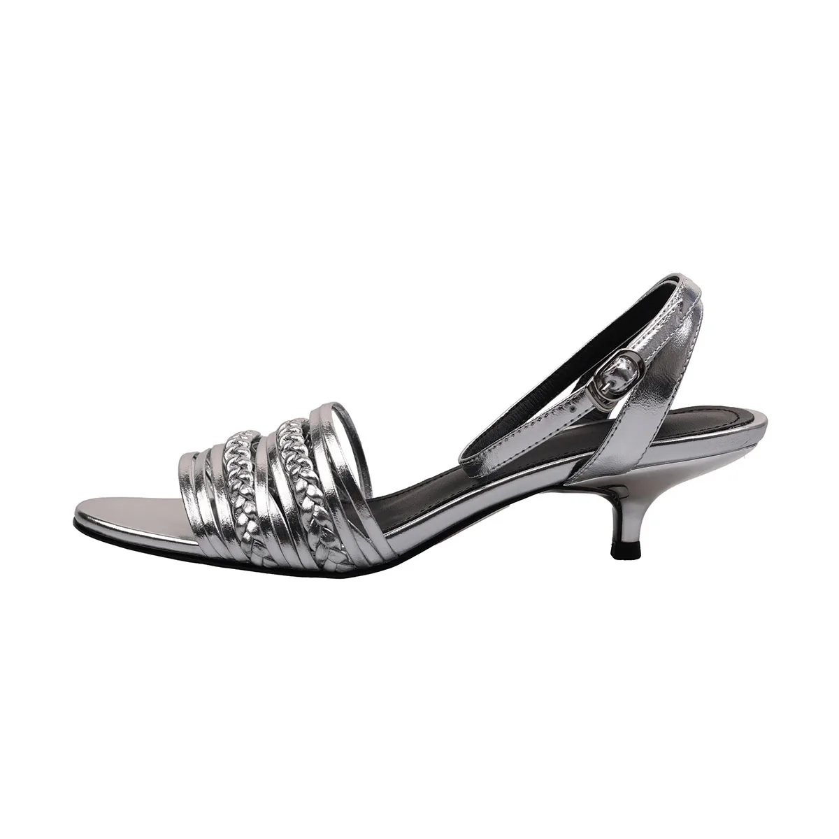 

Arden Furtado 2025 Summer Kitten heel Metal sheepskin round toe Middle heel word-cingulate sandals large size Commuter shoes