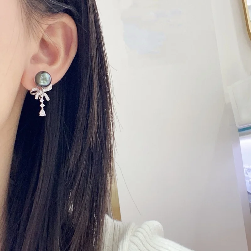 SGARIT اللون الطبيعي 10-11 مللي متر تاهيتي اللؤلؤ الأسود موضة القوس أقراط 925 فضة اللؤلؤ الفاخرة النساء هدية عالية الجودة #4