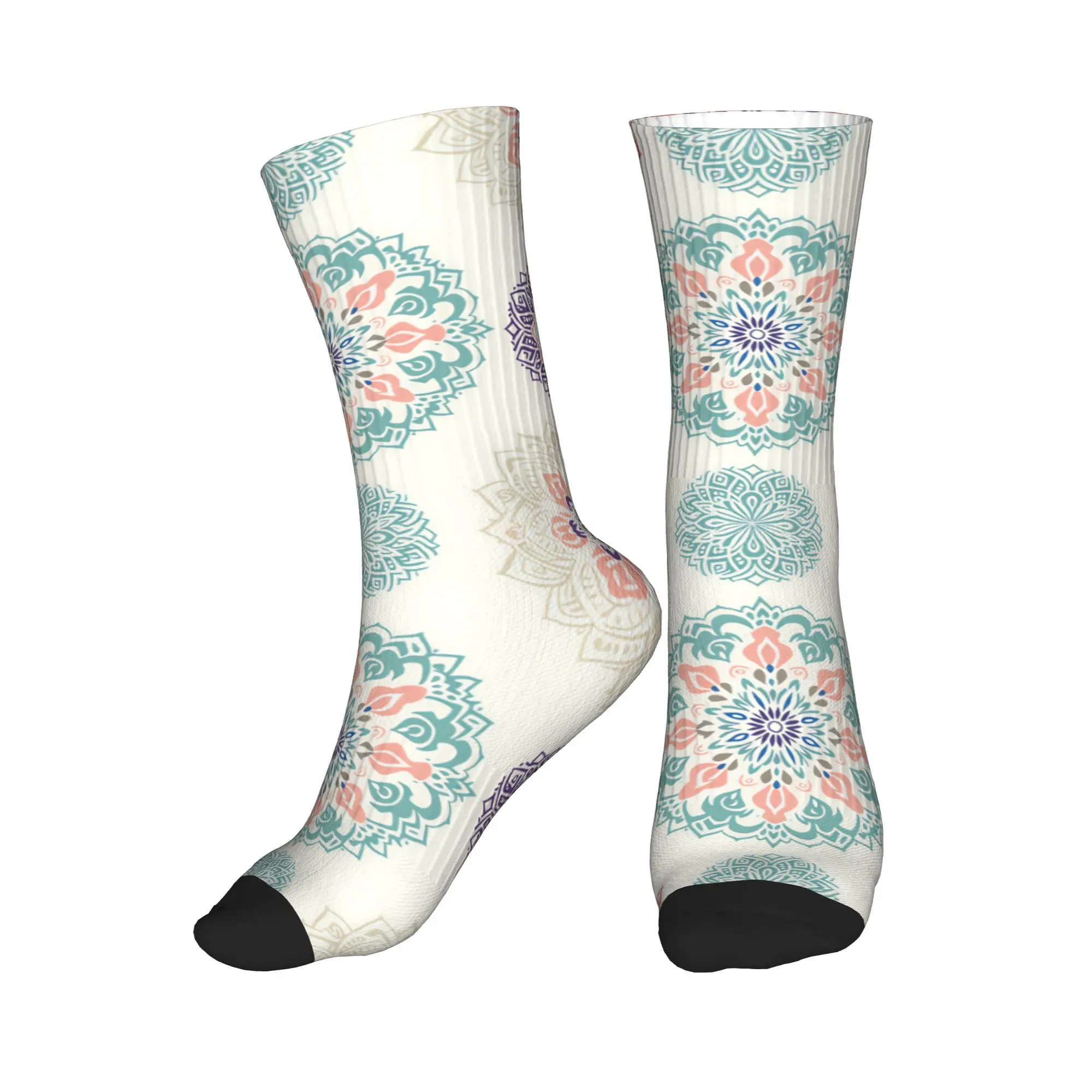 Divertidos calcetines de vestir con estampado de mandala bohemio en colores pastel para hombre, calcetines unisex cálidos y transpirables con estampado 3D