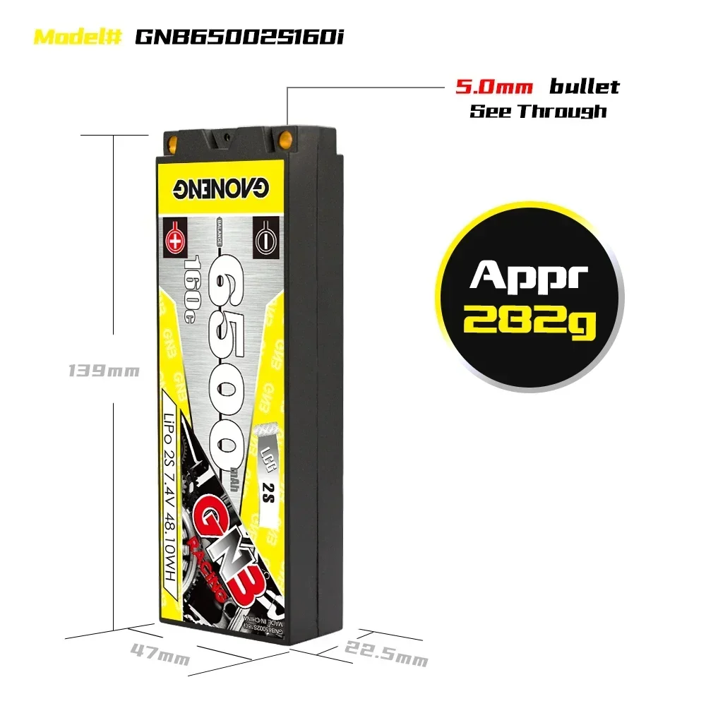 GNB-batería LiPo de 7,4 V, 6500mAh, 2S2P, 160C, carcasa rígida LCG 2S, conector T/XT60 de 5,0mm para coche y barco a control remoto 1:10 1/10