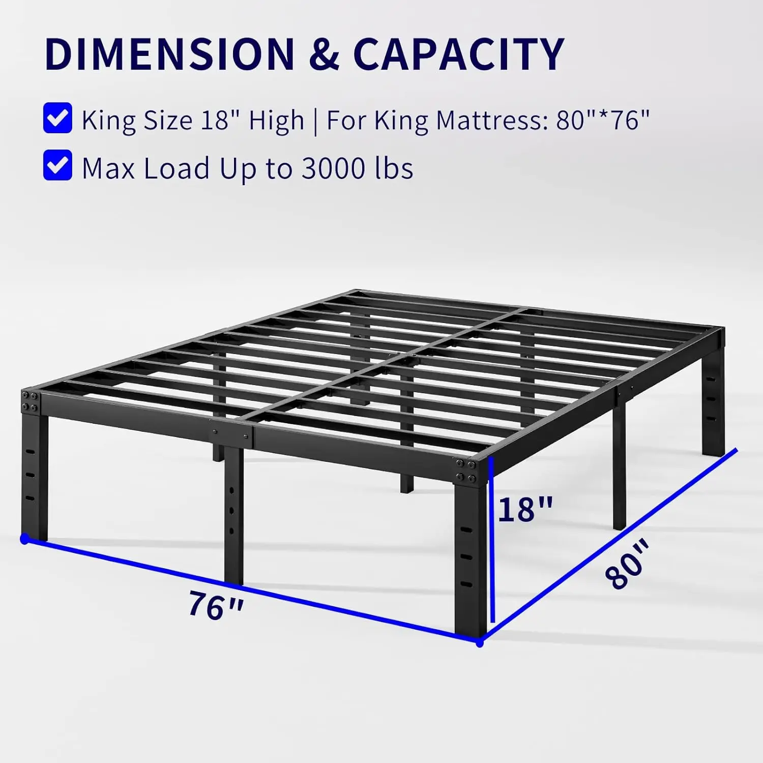 18 Inch High Bed Frame No Box Spring Needed, Heavy Duty King Platform Bed Frame for Heavy People, Easy Assembly