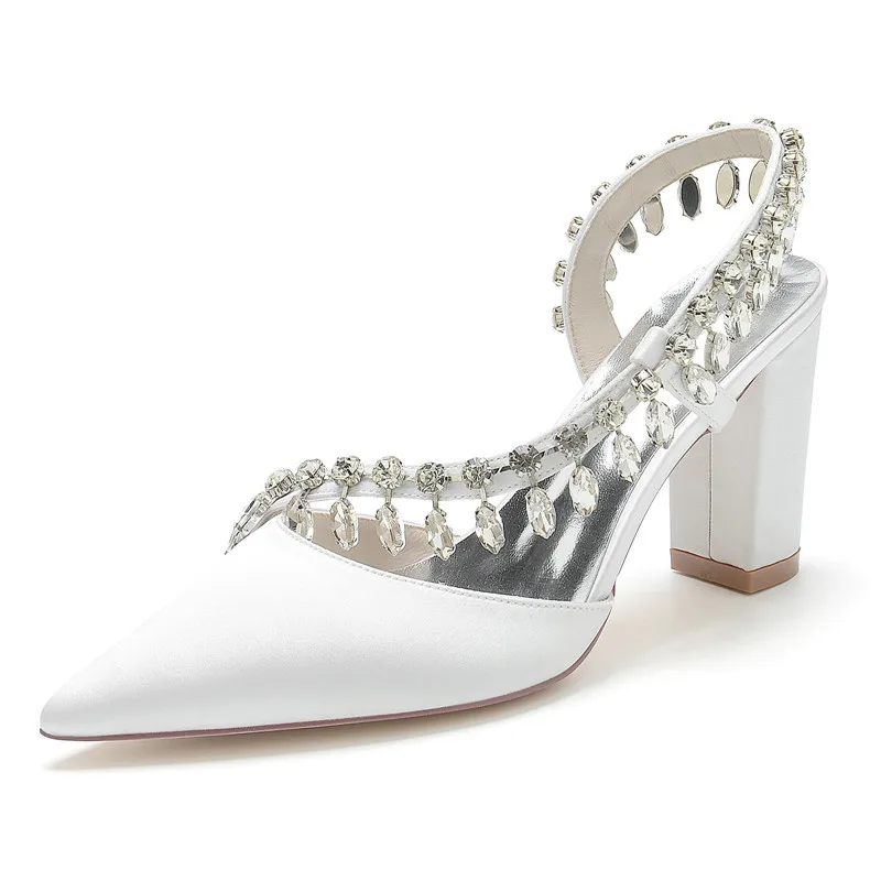 Décolleté da sposa con tacco largo scarpe con strass in raso nappa punta a punta Slip on tacchi da donna per festa/fidanzamento/sera/ballo