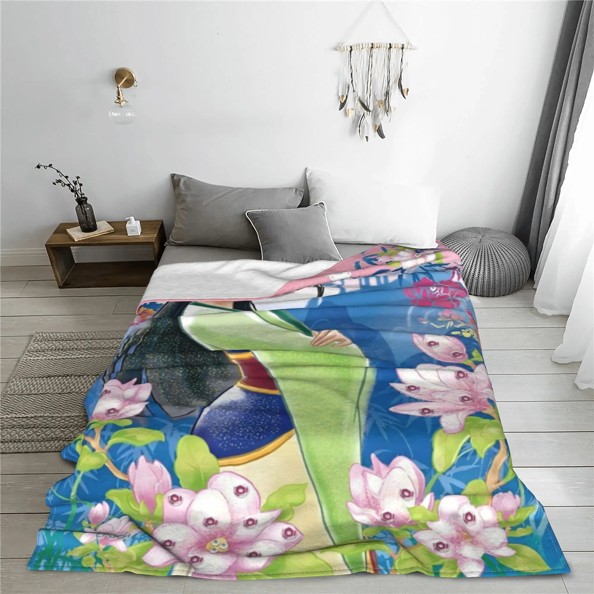 Mulan Princess Beaty Cartoon Blanket Cover Flannel Throw Blanket Bedroom Sofa Printed Lightweight Bedspread Multi-function Quilt