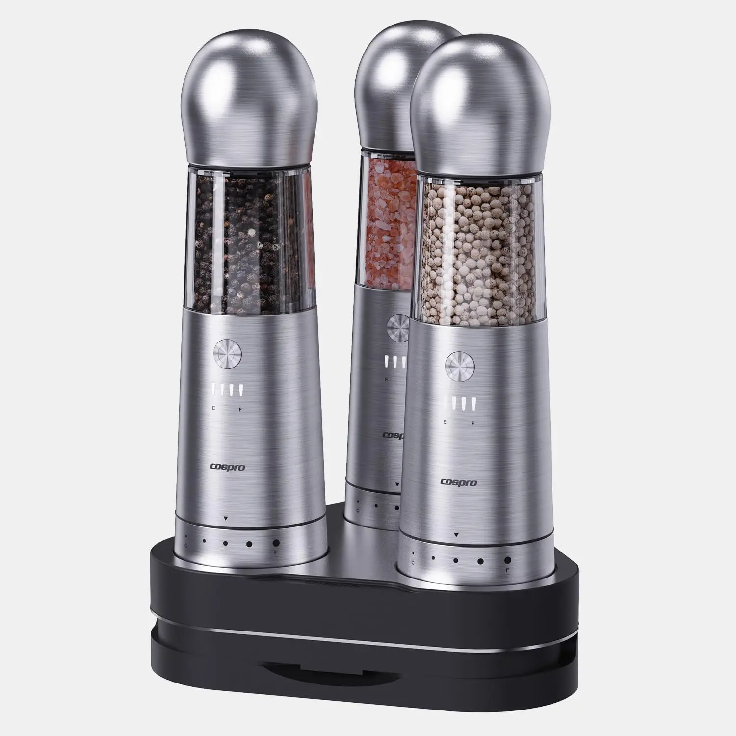 

Electric Salt and Pepper Grinder Set of 3 with Wireless Charging | Rechargeable Automatic Mill | Stainless Steel | One-Hand Use
