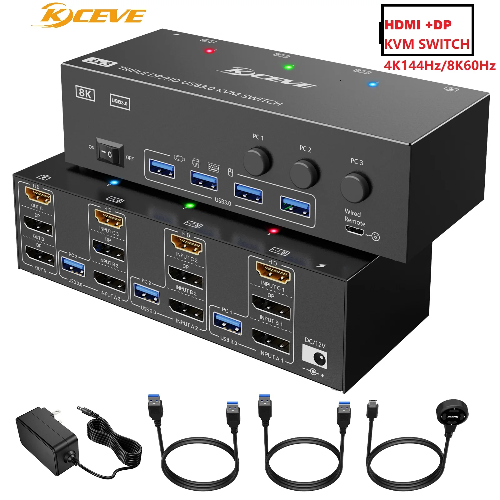 Kvm switch 3 überwacht 3 computer 8k @ 60hz, kceve hdmi 2 * displayport triple monitor kvm switch, 3 monitor kvm mit 4 usb 3,0