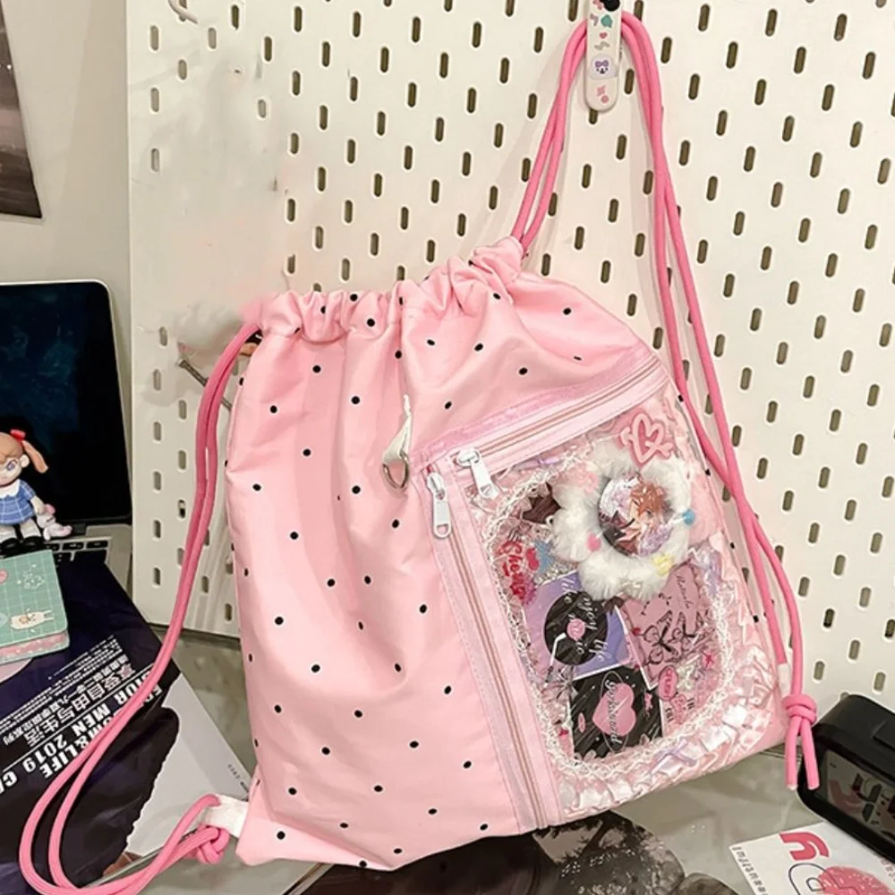 Korean Style Nylon Drawstring Backpack Wave Point Lightweight Light Soft Nylon Bag Harajuku Sweet Student Schoolbag Travel