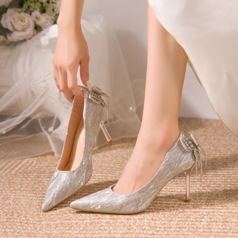 

Women's Slip-On Slim-Heel Single Shoes Fall New Pointed Toe Shallow Slip Rhinestone Bow Pump Shoes