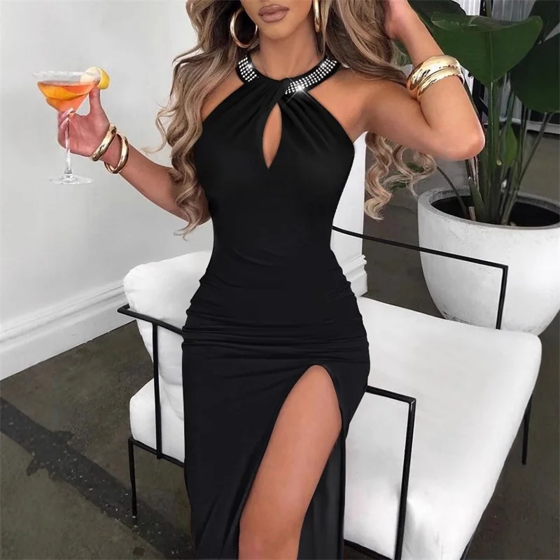 Kristalle Schwarz Frauen Abendkleid Sexy Hohl Ärmellose Seite Split Formale Hochzeit Pageant Roben Lange Party Abendkleid