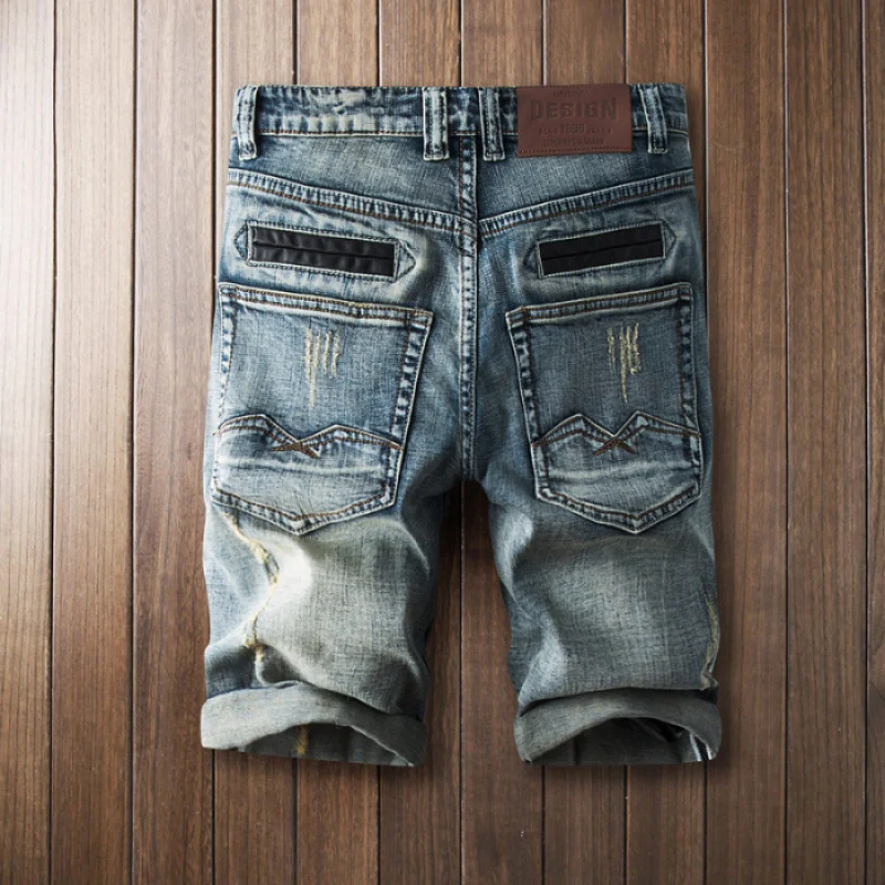 

JX823 Ink white blue hole denim shorts men's five trousers Korean version of the trend of loose elastic casual breeches men tide
