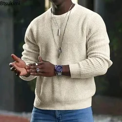 New 2026 Men's Waffle Knitted Sweaters Solid Loose Casual O-neck Pullover Tops Spring Autumn Long Sleeve Sweatshirt Male Sweater