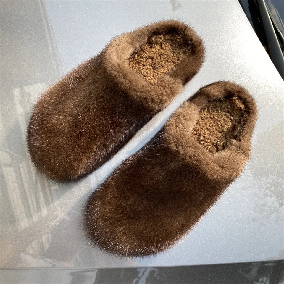 Damen Plateau-Sandalen mit Echtem Fell 2026 Herbst Winter Dicksohlige Hausschuhe für Frauen Outdoor Rutschfeste Natürliche Nerzfell-Pantoffeln – Detail 2