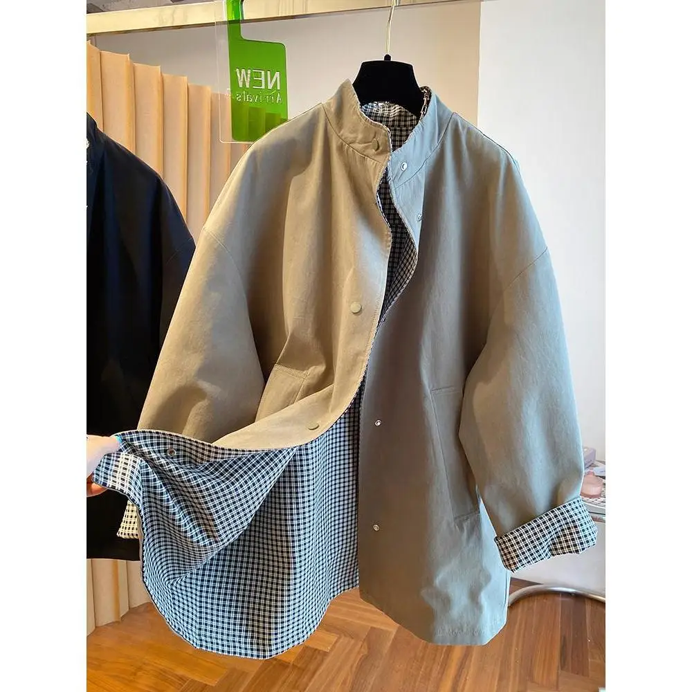 Extra large size European goods wear trench coat on both sides Women's Med Long 2025 purple loose stand-up collar plaid coat