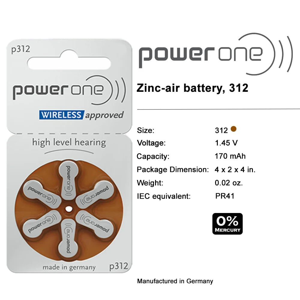 PowerOne P312 60 шт. батареи для слухового аппарата 1,45 в 312 312 P P312 PR41 цинковая воздушная батарея для слухового аппарата BTE CIC RIC OE