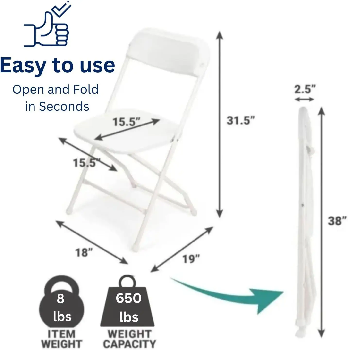 Witte klapstoelen, 10 stuks, draagbare evenementenstoelen, plastic klapstoel, stijlvolle capaciteit van 650 lb voor feest, school en kerk