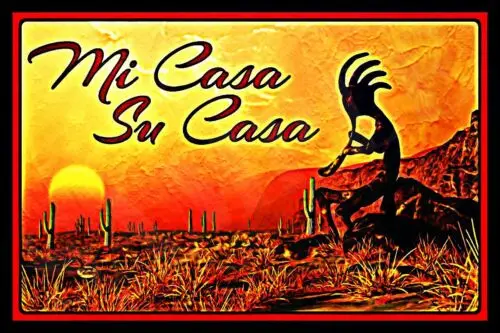 KOKOPELLI WELCOME MI CASA USA MADE METAL SIGN 8X12 SANTA FE SOUTHWEST MOTIF TAOS