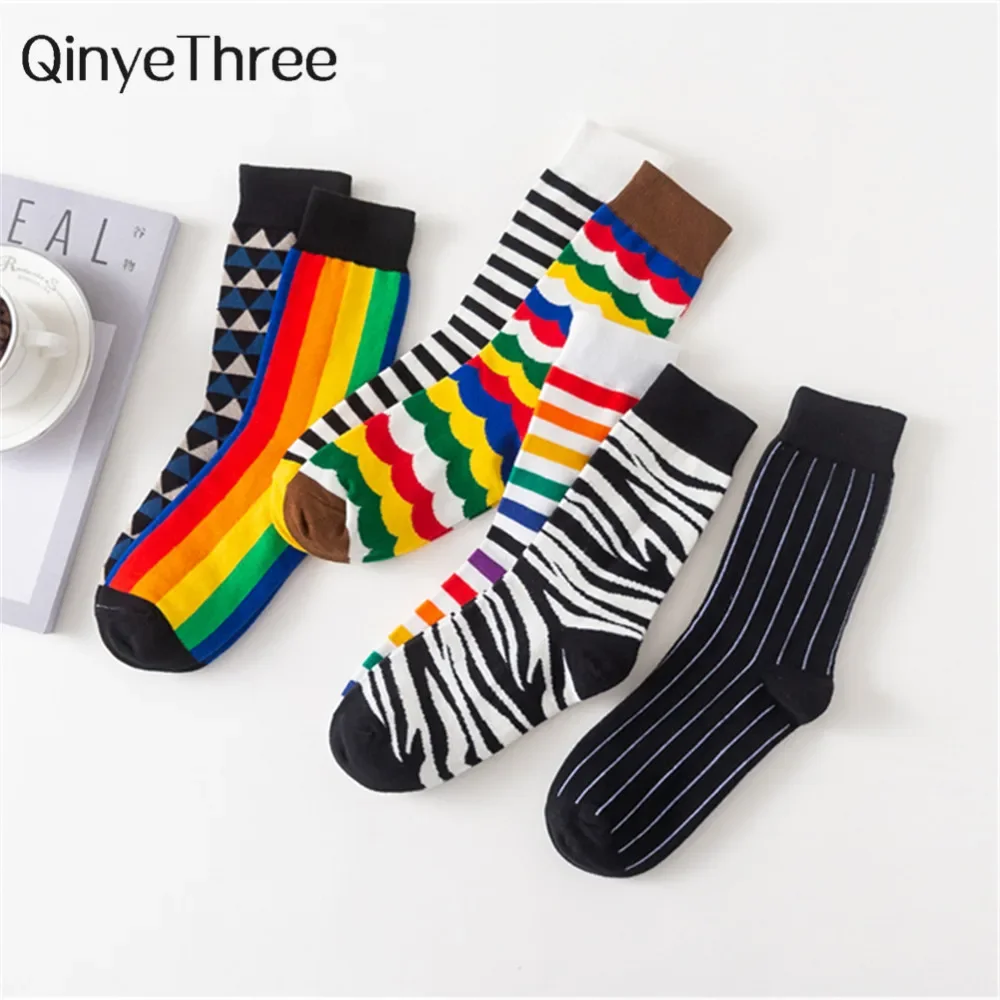 Dropship Happy Funny Art Dress Color Lot Men\'s Winter Fashion Socks Rainbow Set Colorful Stripes Sokken Business Unisex Casual