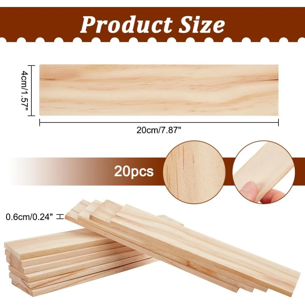 20 Pcs Unfinished Wood Pieces, Rectangle Blank Wooden Sheets 7.9×1.6 Inch(20×4cm) Blank Pine Wood Sheets Craft Wood Board