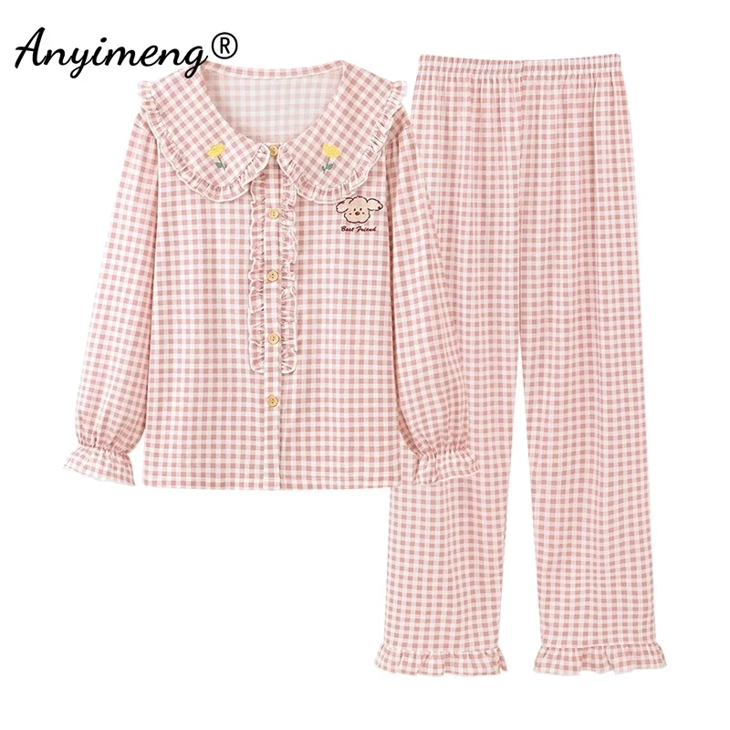 New Autumn Winter Ladies Pajama Sets Faux Cotton Sleepwear Two-piece Set Long Sleeved Pyjamas Fashion Plus Size 4XL Pijamas