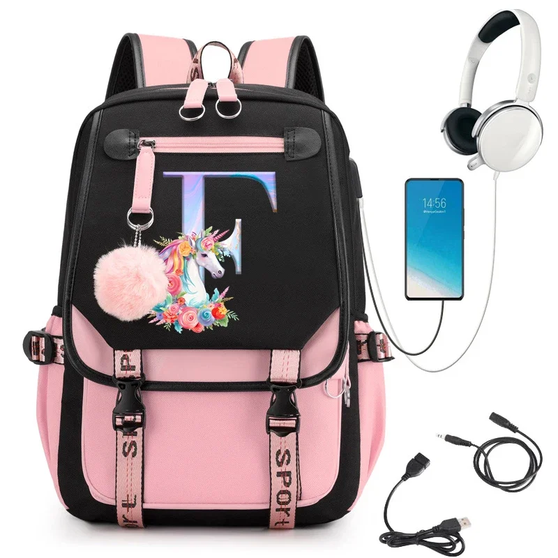 Unicorn Backpack Boys Girls College Bag Painting Letter Rose 26 Alphabet Youth School Y2k Fashion Zipper Travel Hiking Backpacks