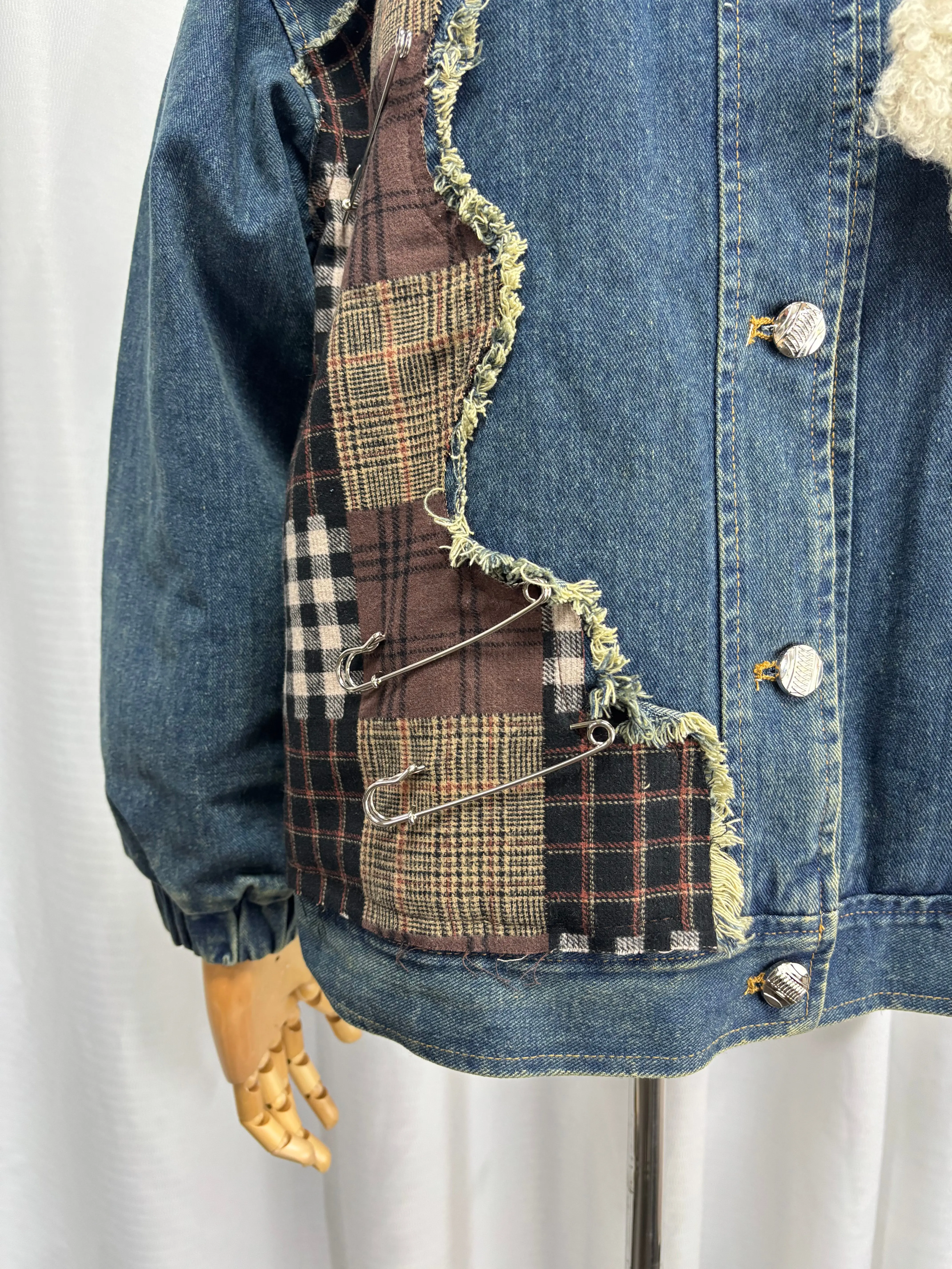 Prawdziwe zdjęcia 2025 Wczesna Jesień Amerykańska Kurtka Jeansowa Vintage Damska, Designerski Patchwork Kolorowy - Blokowy, Luźny Casualowy Płaszcz Wyszczuplający, F