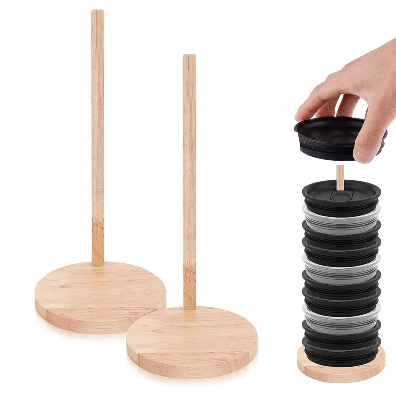 2 Piece Tumbler Lid Organizers Wood Color Wood Detachable Cup Lid Organizer Wooden Tumbler Lid Storage Rack Stand