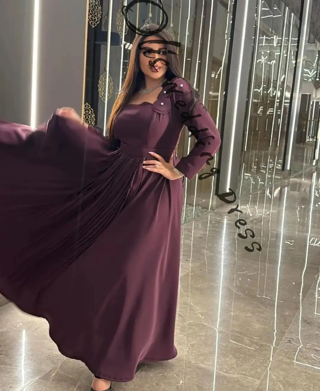 

customized Long Sleeves Prom Dresses Square Neck Floor Length Party Dresses Pleated Petals Evening Dresses