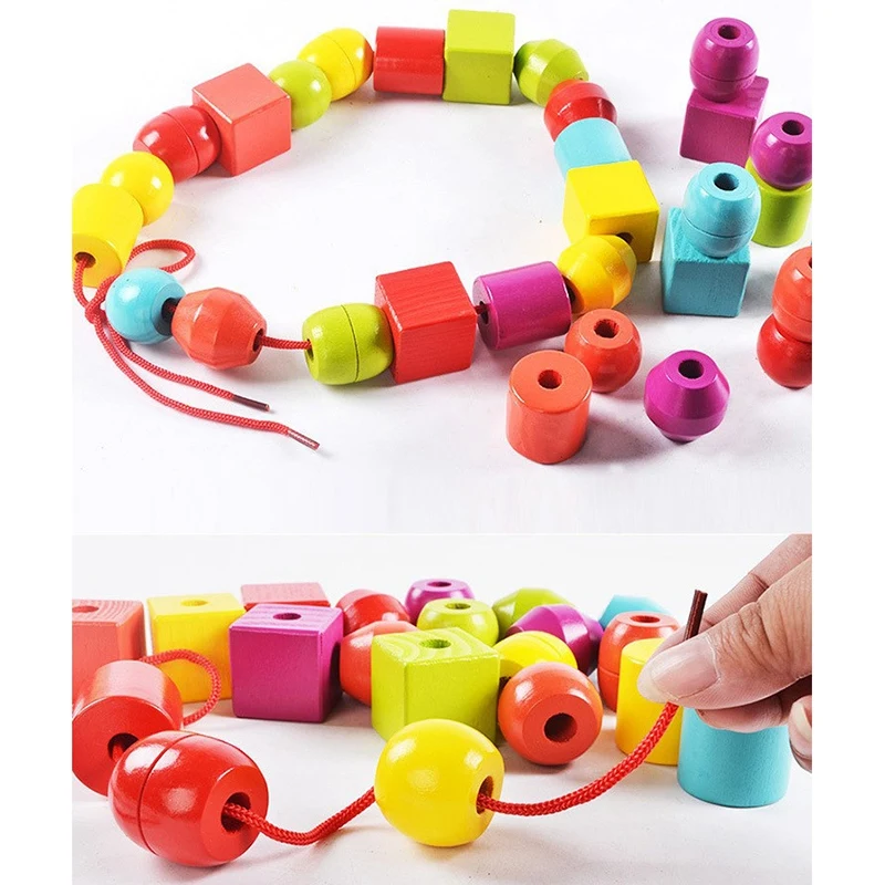 BAAA-dzieci kształt geometryczny drewniane klocki gwintowanie koraliki sortowanie układanie i podłączanie zabawki edukacyjne prezent dla malucha