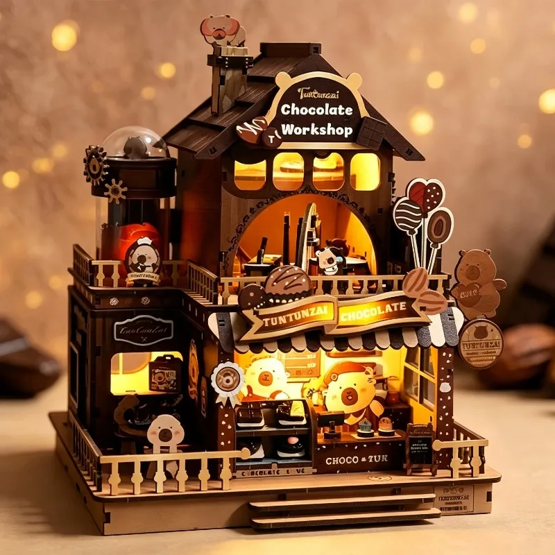 DIY Wooden Chocolate Workshop Cottage Miniature Dollhouse 3D Puzzle Assembly Model Kits for Adults Birthday Gifts Home Decor