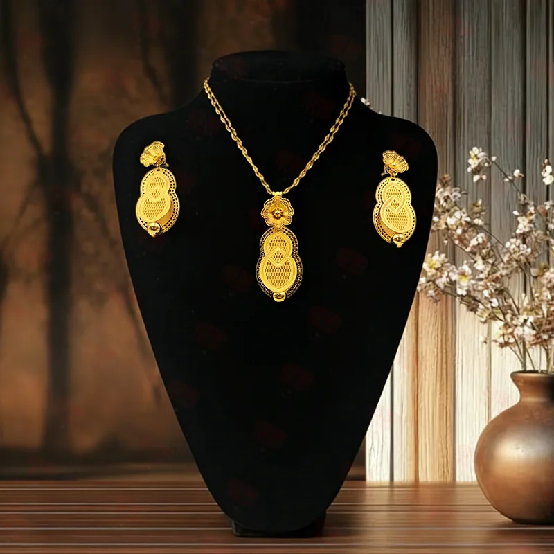 Dubai European Fashion Women's 24K Gold Plated Necklace Earrings Exquisite Engagement Party Jewelry Set for Lovers DD11051