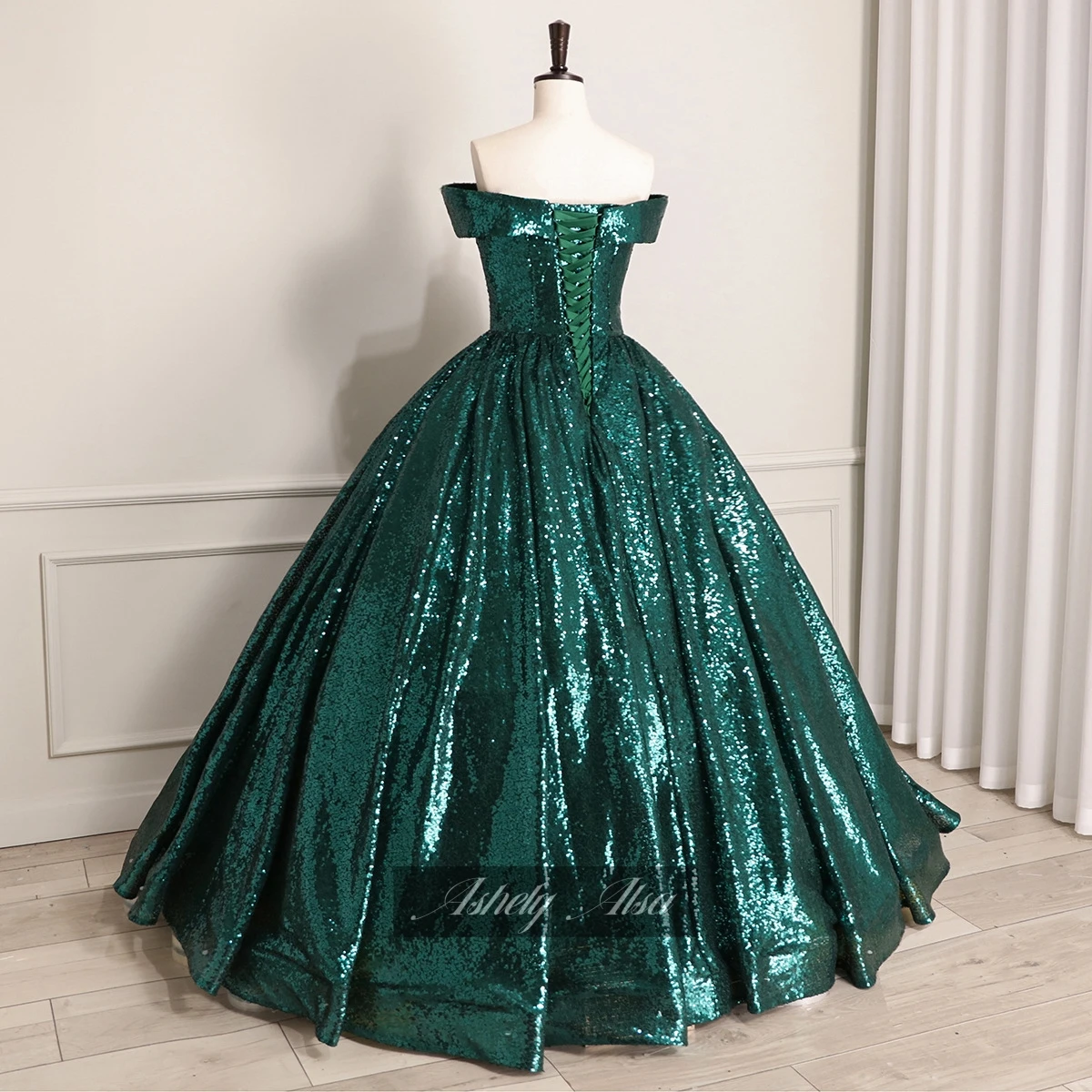 Ashely Als Real Picture Sequined Quinceanera Dresses Off Shoulder Lace Up Sweet 16 Year Birthday Party Dress Vestido De 15 Anos