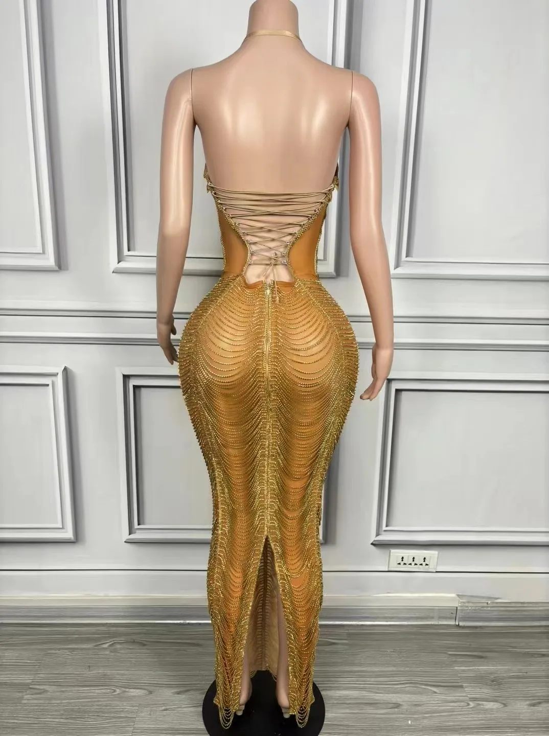 Sexy Flashing Gold Tassel Chain Crytral Backless Sheath Dress Birthday Evening Party Performance Photoshoot Nightclub Stage Wear