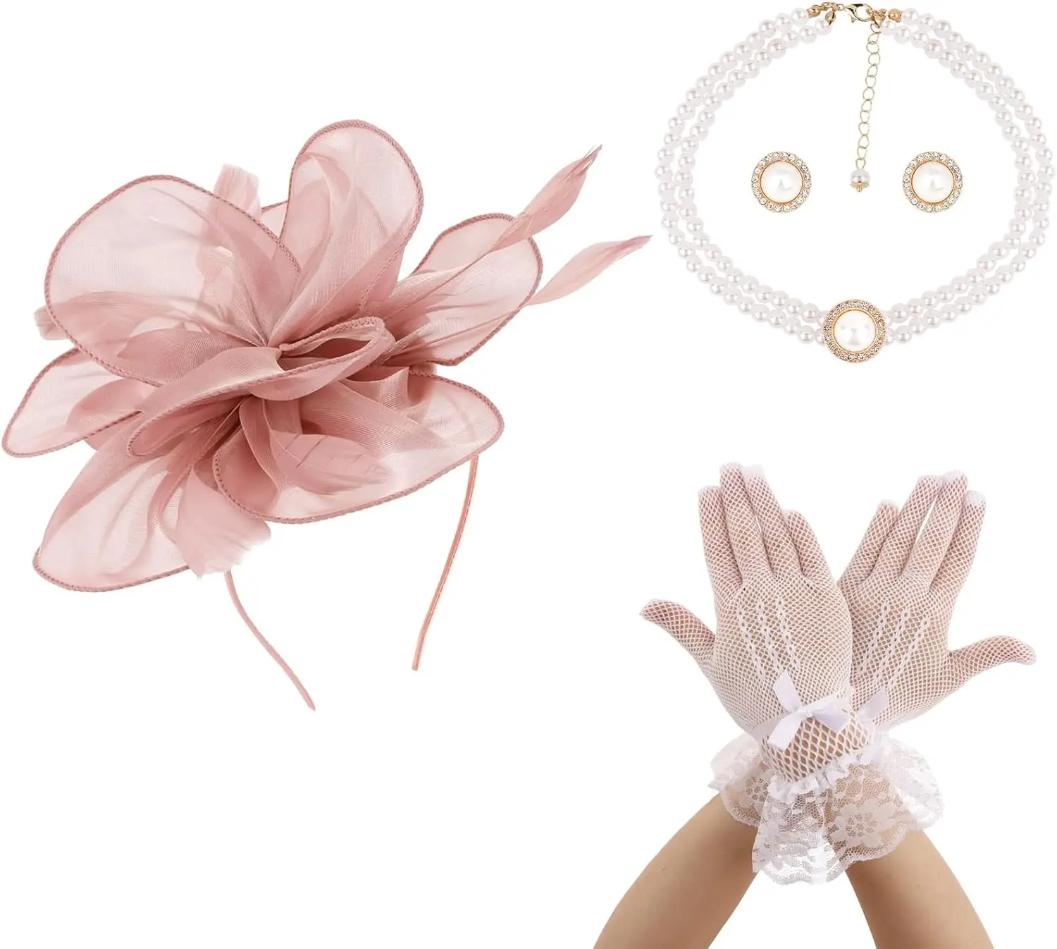 

Набор из 4 предметов: шляпка-фасинатор для женщин, перчатки из белого кружева, жемчужное ожерелье и серьги для коктейльных вечеринок, свадеб и похоронных церемоний