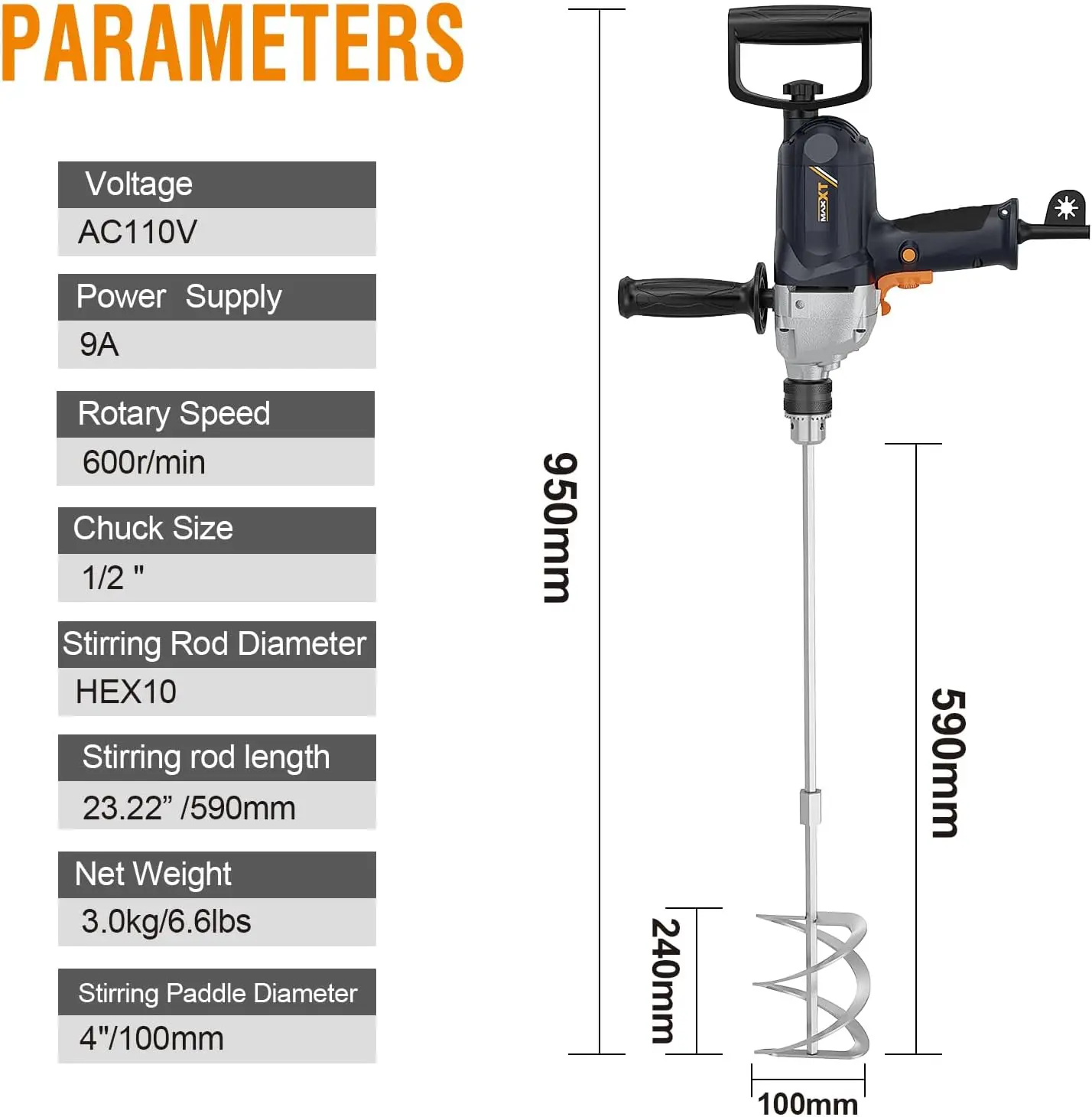 ll Mixer Set With Spade Handle 1/2 Inch Electric Corded Mixing Drill Machine 9A Motor Concrete Mud Mixer