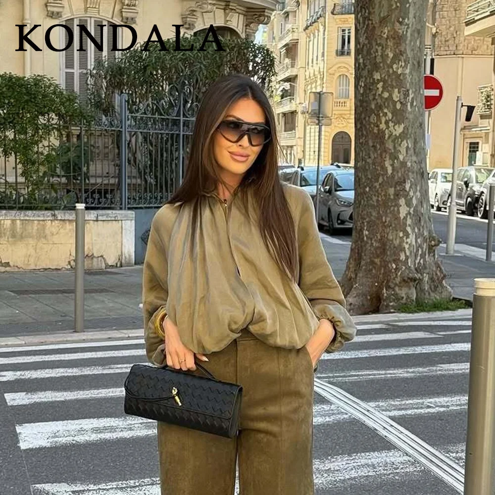 KONDALA 2026 Spring Summer Casual Solid Loose Women Pilot Jackets Fashion Turndown Collar Batwing Sleeve Pleated Zipper Jackets