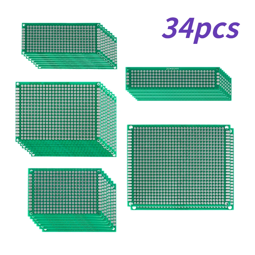 Dupla face PCB Board Set, Kit Protótipo, FR4 Impresso, Circuito Universal Perfboard, DIY, 2*8cm, 3*7cm, 4*6cm, 5*7cm, 7*9cm, 34 PCs/Lot