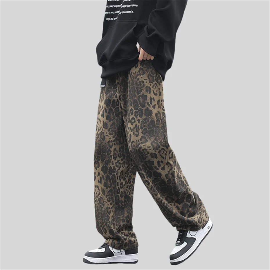 Vintage Leopard Jeans Men Hip Hop Streetwear Harajuku Hip Hop Baggy Jeans Trousers Retro Denim Pants