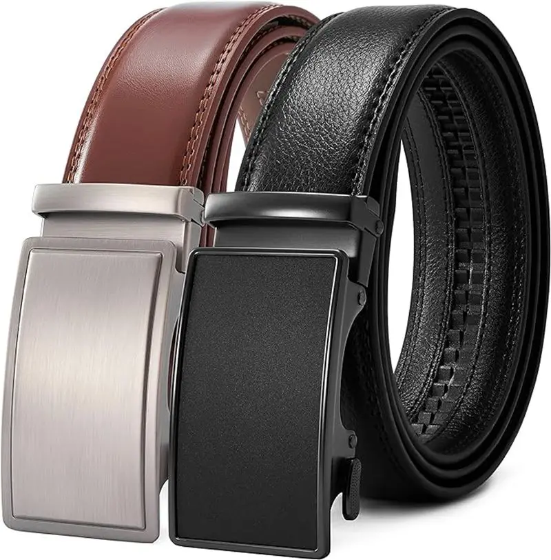 

PlusZis Black with Automatic Buckle Brown Automatic Buckle Two Pack Men's Leather Ratchet Dress Belt