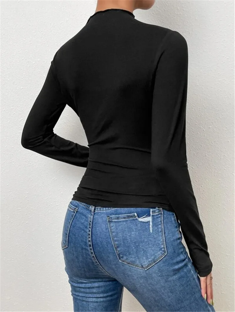 Fashionable Women's Slim Fit T-shirt Casual Solid Color Versatile Elegant Tops Ruffled Long-sleeved Round Neck Bottoming Shirt
