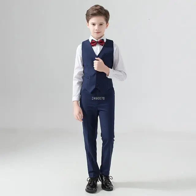 Kids Navy Blue Wedding Suit For Boys Birthday Photography Dress Child Red Blazer School Performance Party Prom Clothing Set