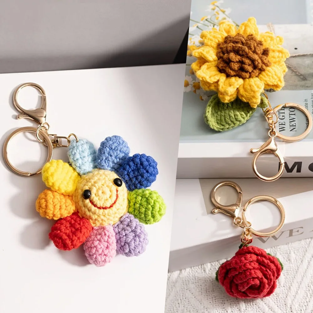 Handgefertigter Häkel-Regenbogen-Sonnenblumen-Schlüsselanhänger Niedliches Lächelndes Gesicht Gestrickter Plüsch-Anhänger Taschencharme Accessoires Geschenk
